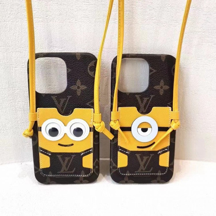 Minionsミニオン ルイヴィトン iphone14Proブランドケース 斜め掛け カード収納 iphoneアイホン14プロ携帯ケース かわいい おしゃれ モノグラム アイフォン13プロ/12スマホケース メンズレディース 男女兼用