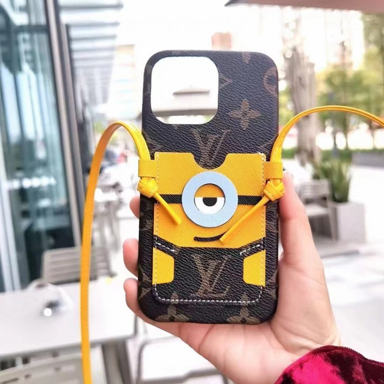 Minionsミニオン ルイヴィトン iphone14Proブランドケース 斜め掛け カード収納 iphoneアイホン14プロ携帯ケース かわいい おしゃれ モノグラム アイフォン13プロ/12スマホケース メンズレディース 男女兼用