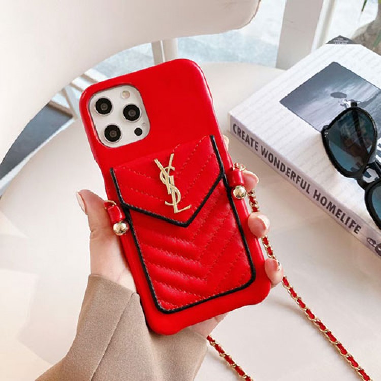 YVES SAINT LAURENT iPhone14/14Plusケース ブランド 斜め掛けストラップ付き サンローラン IPHONE13pro/13pro maxケース 革製 カード紙幣収納 エレガント 高級感 iPhone12pro max携帯カバー 　　　　　