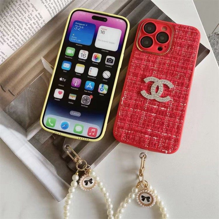 6色 カラー 布製 綺麗 シャネルスマホケース iphone14pro 真珠キーボルター かわいい アイフォン14携帯カバー CHANEL 高品質 ラインストーン付きロゴ キラキラ iPhone13/14pro maxケース レディース向け