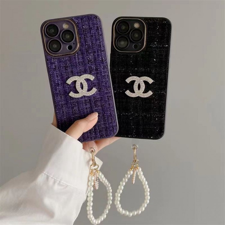 6色 カラー 布製 綺麗 シャネルスマホケース iphone14pro 真珠キーボルター かわいい アイフォン14携帯カバー CHANEL 高品質 ラインストーン付きロゴ キラキラ iPhone13/14pro maxケース レディース向け