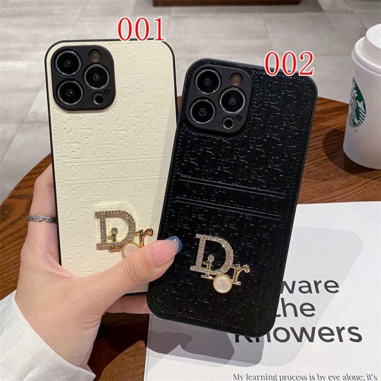 Dior iPhone14/14pro maxディオールスマホケース ブランド アイフォン13/13プロフルーカバー キラキラ ラインストーン付き レリーフプリント iphone13pro max/13pro革製ケース 金属ロゴ 贅沢 