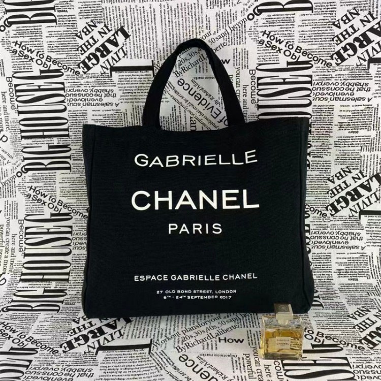 シャネル CHANEL キャンバス トートバッグ ブランド ブラック 手提げバッグ ショッピングバッグ ロゴプリント 大容量 通勤 通学
