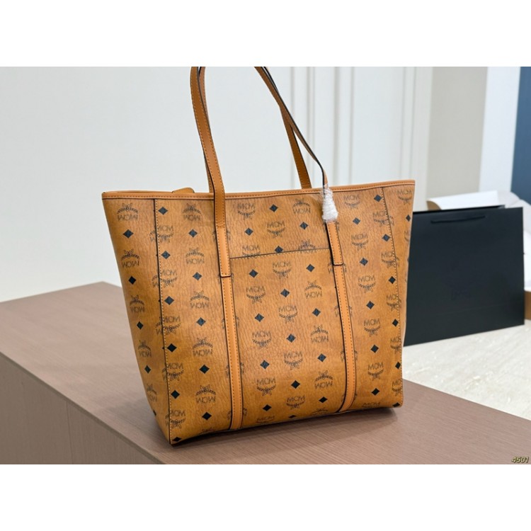 ブランドエムシーエム カジュアル トートバッグ MCMショルダーバッグ 大容量 レディース 肩掛けバッグ 大きめ PUレザー 合皮 シンプル 自立 A4 横型 通学 通勤バッグ ファスナー付き
